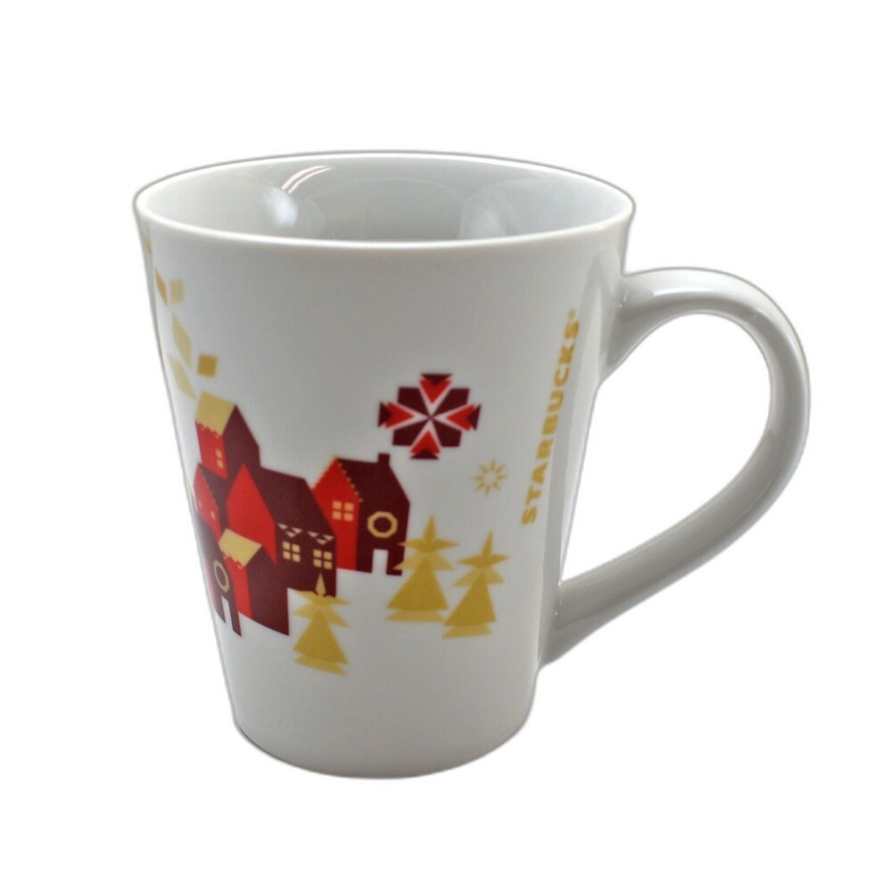 Starbucks 2013 Christmas Holiday Mug Red Gold White Village House Coffee Cup